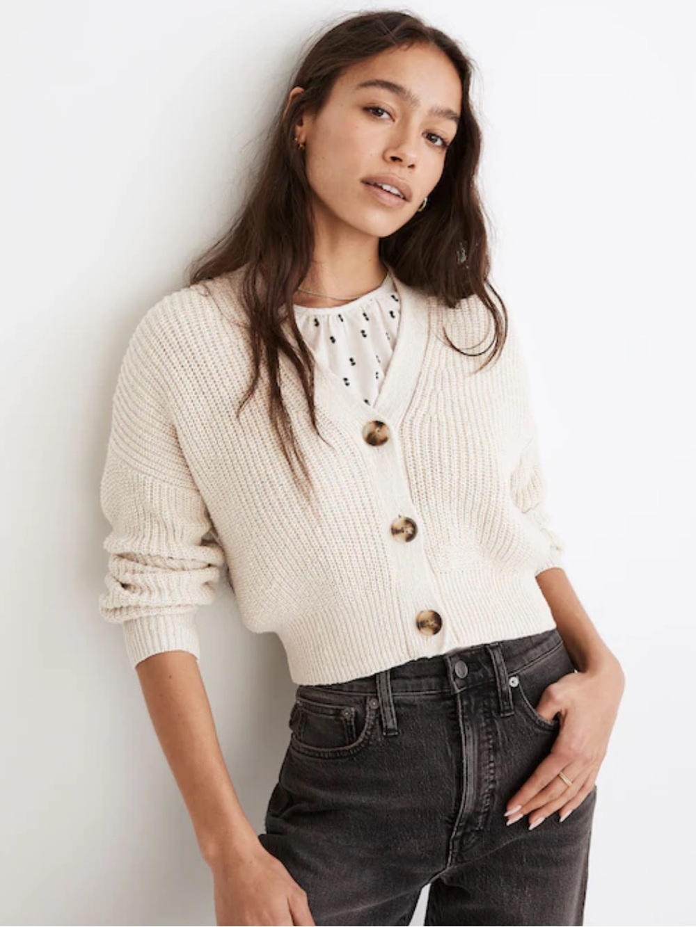 MADEWELL Greywood Crop Sweater Cropped V-Neck Button Cardigan Sweater In Cream M
